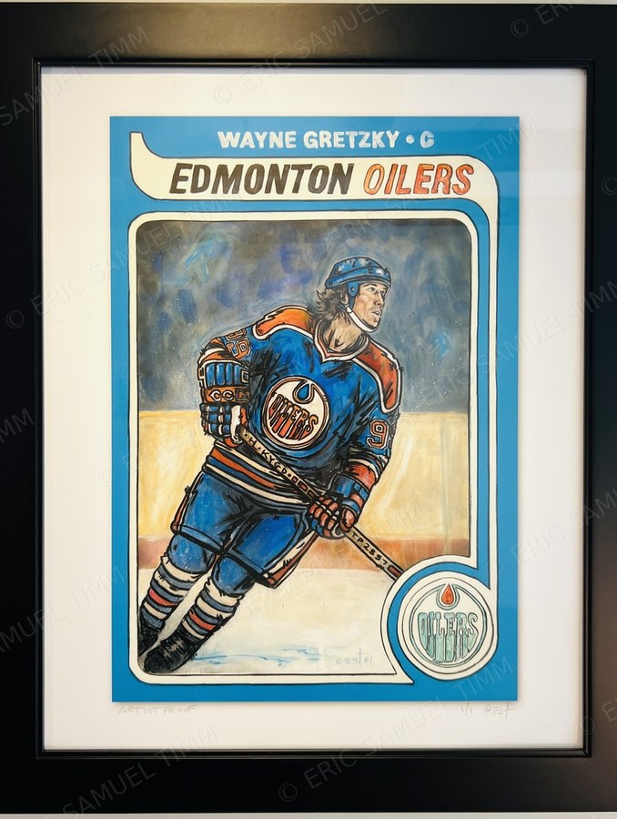 The Wayne Gretzky print, matted and framed on a wall